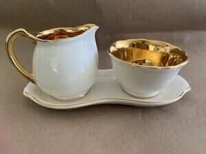 Vintage Crown Devon Creamer, Sugar, Plate Made In England W/Gold Insides, Handle